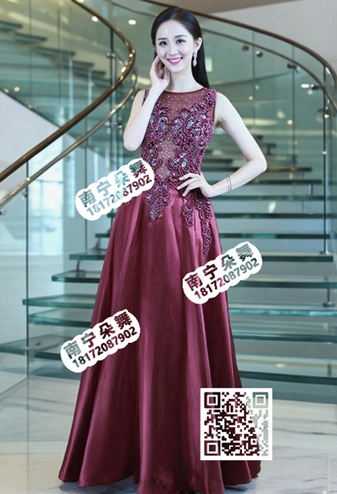 酒红珍珠透纱无袖缎面长礼服