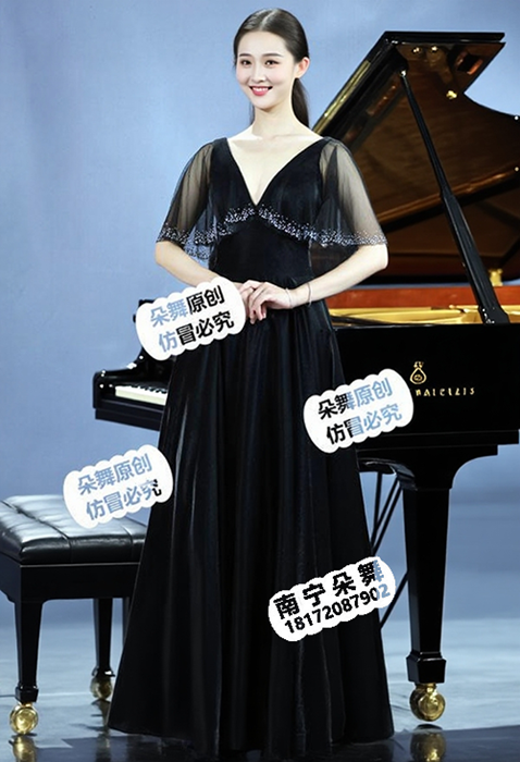 黑色披肩纱烫钻厚缎长礼服