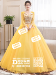黄色V领七分袖大礼服