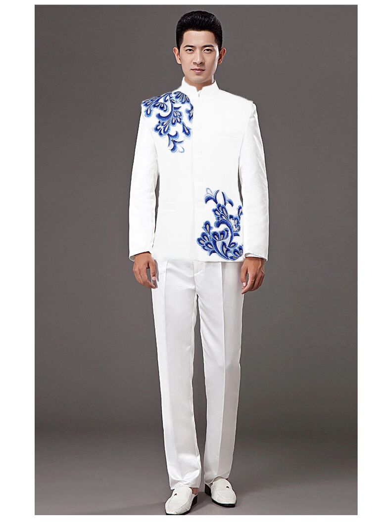 白衣蓝团花中山装