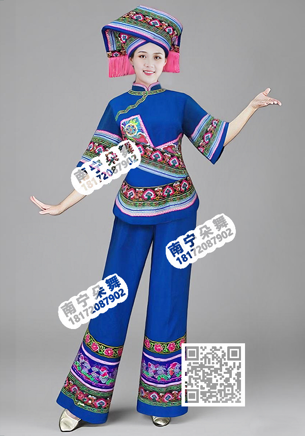 蓝色三角绣花壮族裤装
