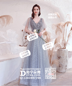 灰色纱袖V领星星纱裙长礼服