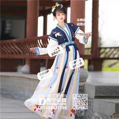 蓝衣白裙印花窄袖汉服