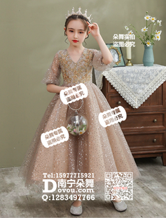 粉褐色V领灯笼袖亮片纱裙女童长礼服