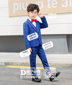 宝蓝白格男童西装