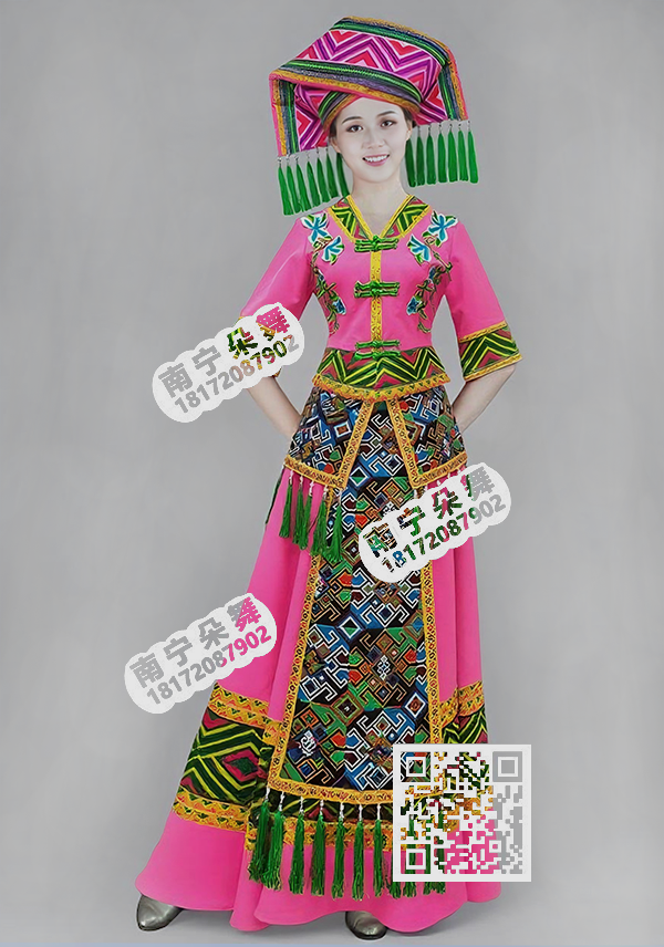玫红绿边中袖蓝花壮锦壮族盛装