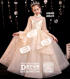 米黄立领灯笼袖金星网纱女童礼服