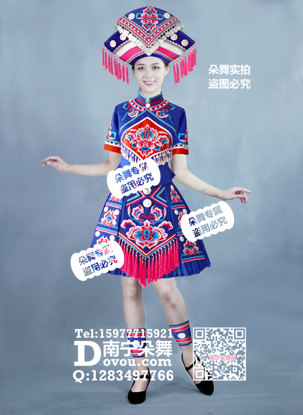 宝蓝红牡丹百褶壮族短裙