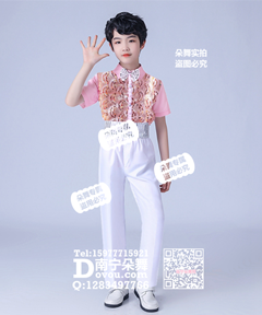 粉色金亮片短袖白裤男童