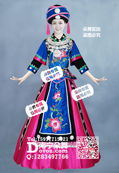 宝蓝玫红荷花土家族盛装长裙