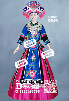 宝蓝玫红荷花壮族盛装长裙