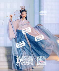 粉衣蓝裙斜襟凤凰大袖汉服