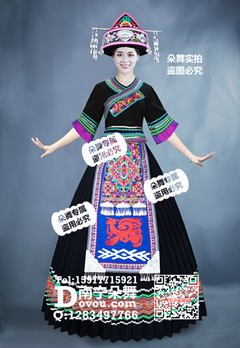 黑色绿边百褶凤凰仫佬族盛装长裙