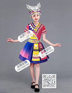 宝蓝玫黄绣花百褶民族短裙女童