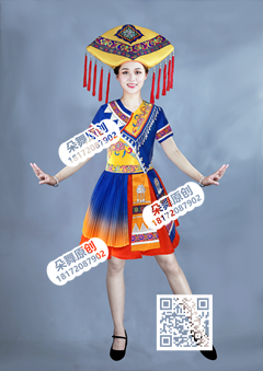 宝蓝红黄绣花百褶壮族短裙1