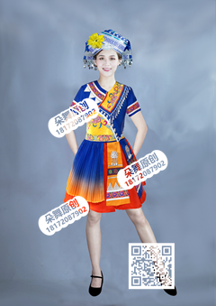 宝蓝红黄绣花百褶壮族短裙2