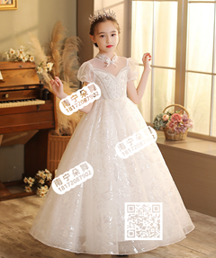 白色短袖亮片钉珠蓬蓬裙女童长礼服