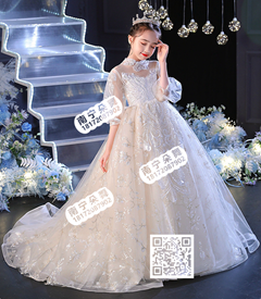 米白泡泡袖拖尾亮片花女童长礼服