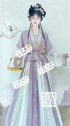 紫白黄花半袖对襟汉服