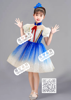 蓝白渐变红丝带纱裙女童