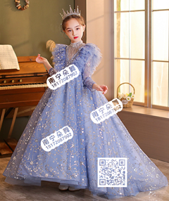 蓝色亮片多纱肩拖尾蓬蓬裙女童礼服