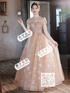 卡其色珍珠绣亮片蝴蝶纱长礼服