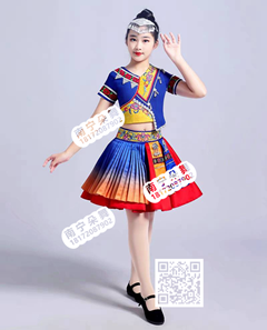 宝蓝红黄绣花民族女童裙