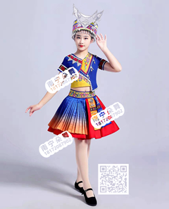 宝蓝红黄绣花苗瑶女童裙