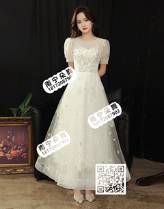 白色泡泡袖彩绿亮片长礼服