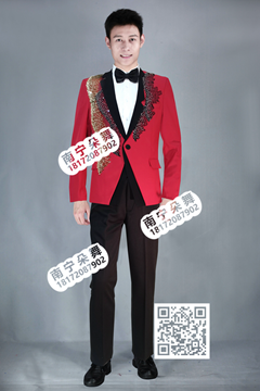 红色金黑亮片黑裤男西服