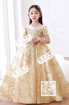 金色金片网纱女童长礼服