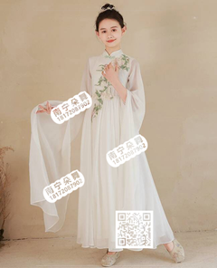 白色牡丹飘袖古典古筝女童长裙