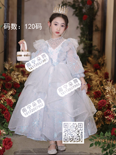 白色蓝雪花长袖女童长礼服