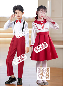 红白翻领珍珠扣男女儿童套装