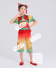 红黄渐变绿花花七分裤女童裤装