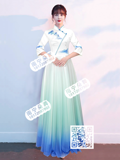 白色蓝绿渐变青山长裙