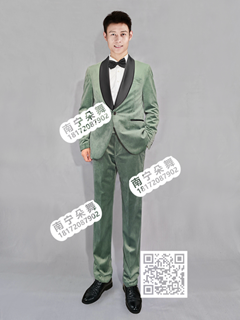绿色黑青果领绒面男西装