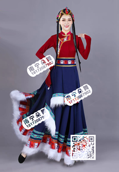 红衣蓝裙白毛边藏族大摆裙