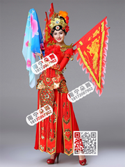 大红蓝色渐变梅花有旗英姿京剧服