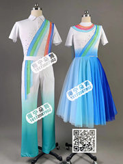 白蓝青渐变彩虹条纹男女当代