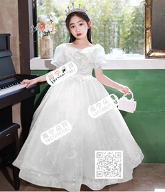 白色方V领钉珠双边泡泡袖网纱女童礼服