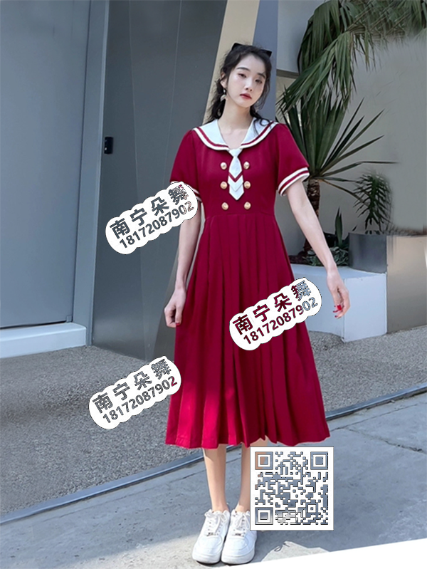 大红连衣百褶裙白色领女学生装现代