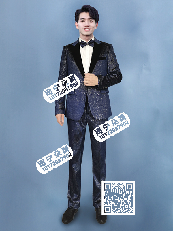 深蓝闪亮黑领男士西装