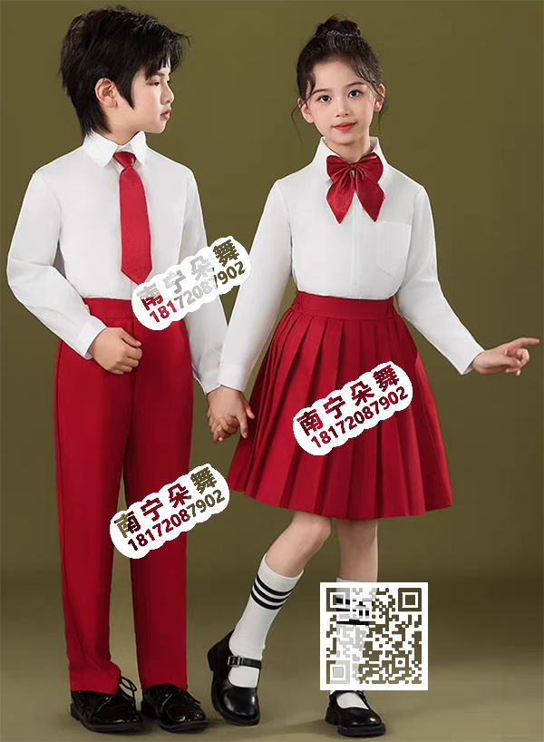 白衬衫红百褶裙红裤男女童装