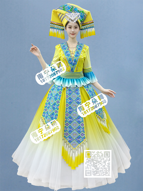 黄白渐变百褶蓝渐变短袖腰花壮族盛装