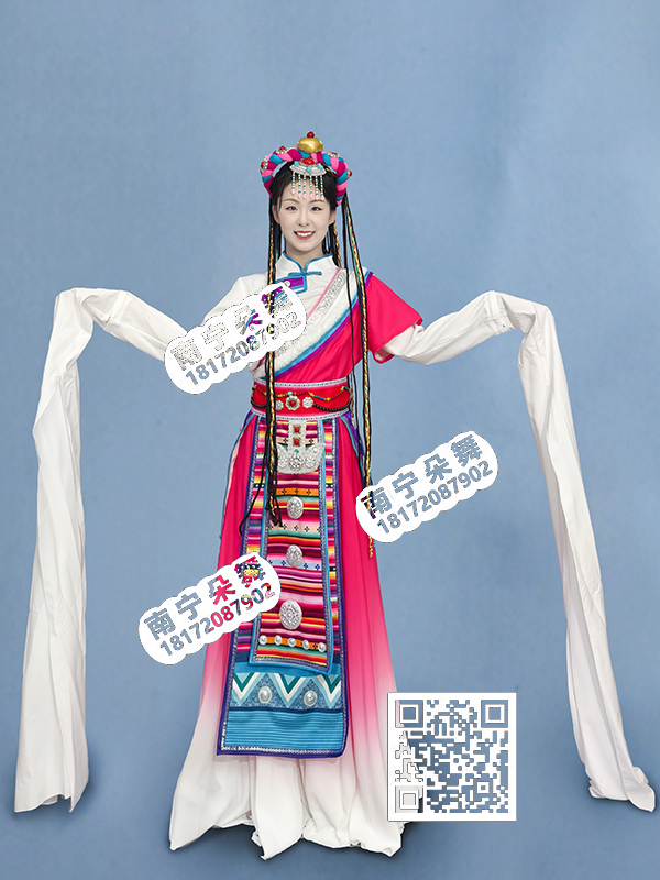 玫红渐变白斜襟水袖藏族女服