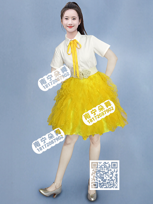 白衣飘带领结黄纱短裙现代女服1
