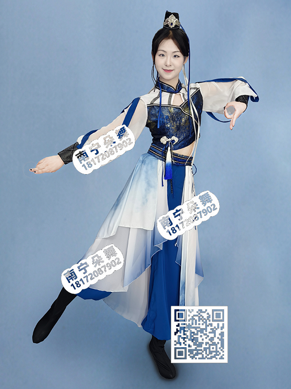 蓝白渐变长裤白吊腰侠客女服