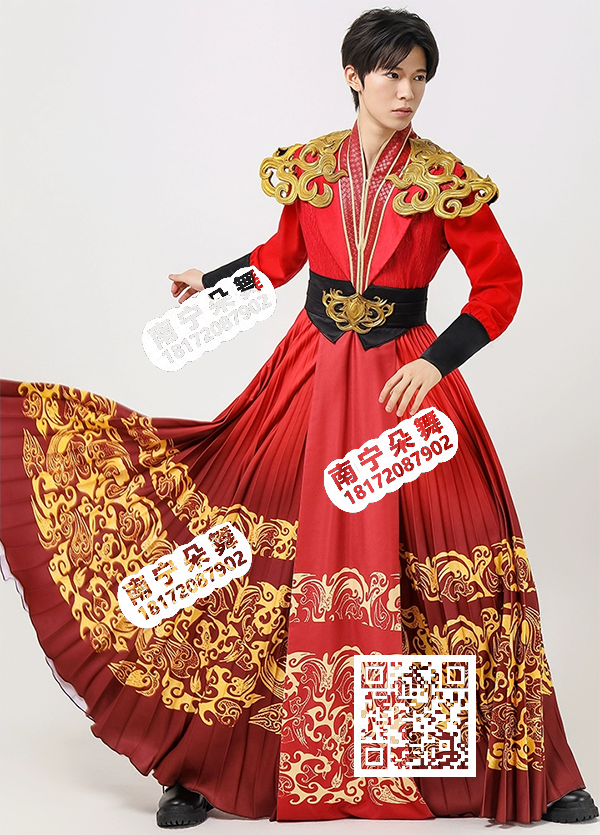 大红金边黑腰马面裙黄鹤楼男开场舞套装